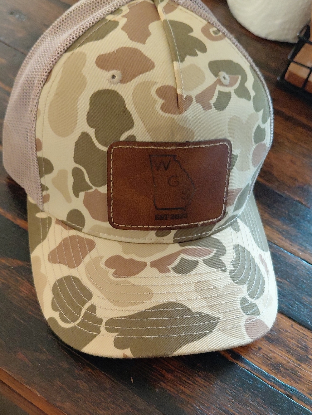 Camo Trucker Hat with Brown Leather Patch